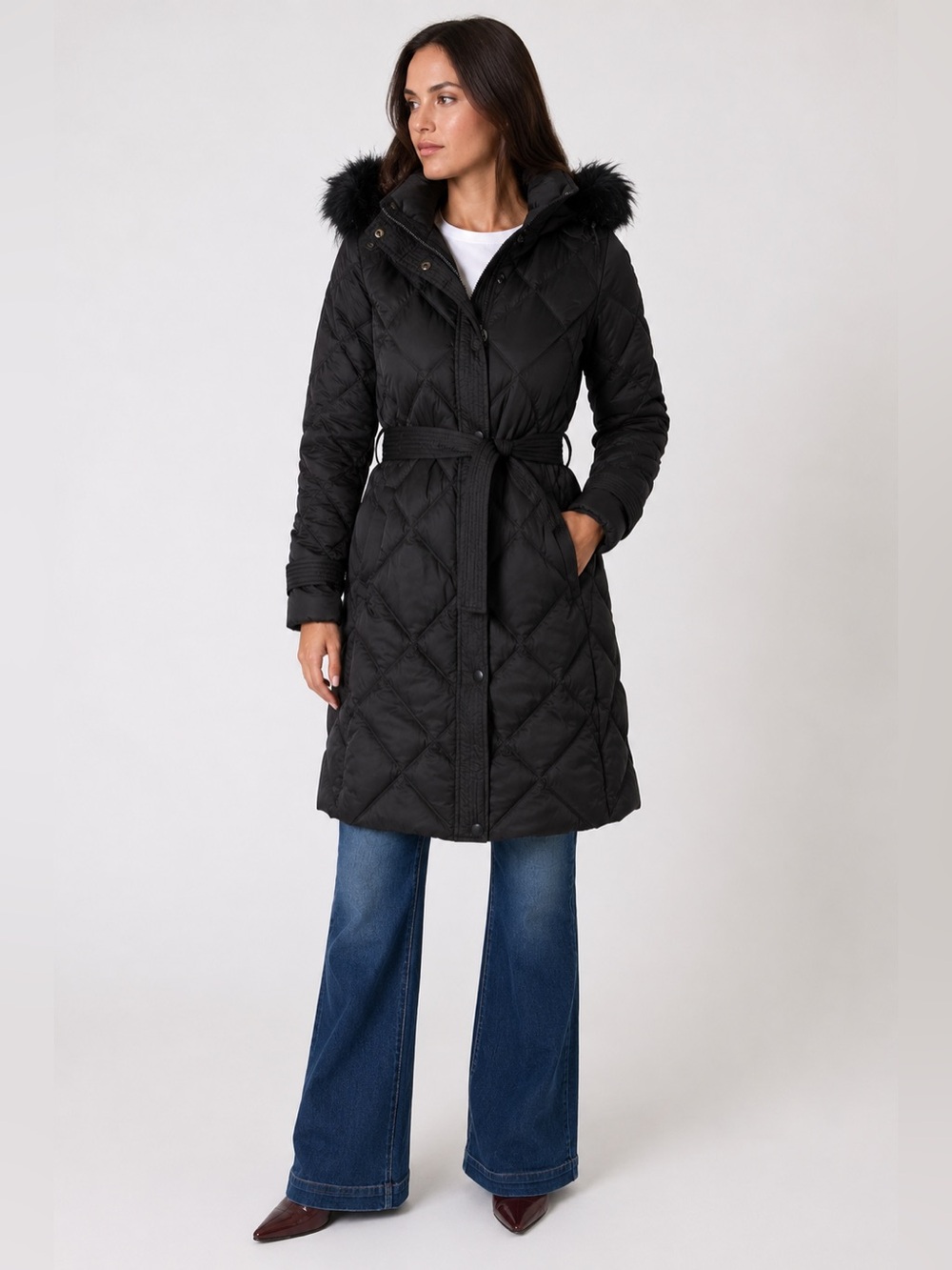 Laundry by Shelli Segal Black Belted Puffer Coat Faux Fur Hood S Diamond Quilted